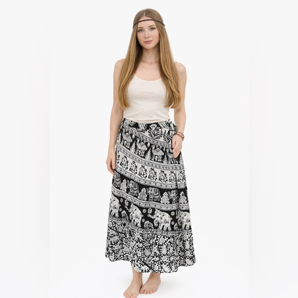 Darn Good Yarn Elephant Wrap Skirt Black White Boho Cotton Midi Maxi Hippie